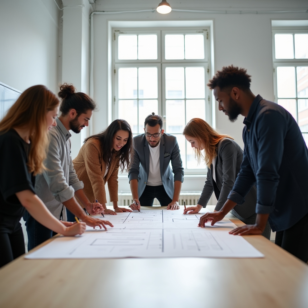 Echipă în sesiune de formare colaborativă pentru managementul schimbării